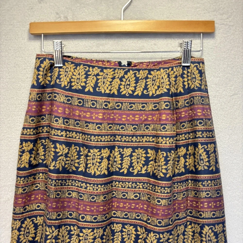 Vintage 100% Silk Faux Wrap Midi Skirt Womens 6 Dark Floral‎ Traditional Boho